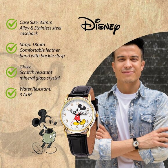Men Black Disney Mickey Mouse Adult Classic Cardiff Articulating Hands Watch - Picture 6 of 7